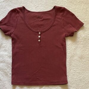 Brandy Melville Maroon Buttoned Scoop Neck Tee